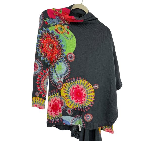 Desigual Wearable Art Open Cardigan Size Medium Gray Multi Floral Embellished - Picture 4 of 12